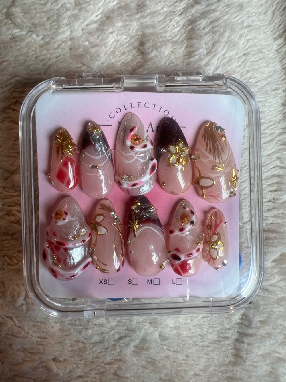 Homemade Press-On Nail Set - Pink & Red with Gold and Silver Accents. Snakes 🐍🫶